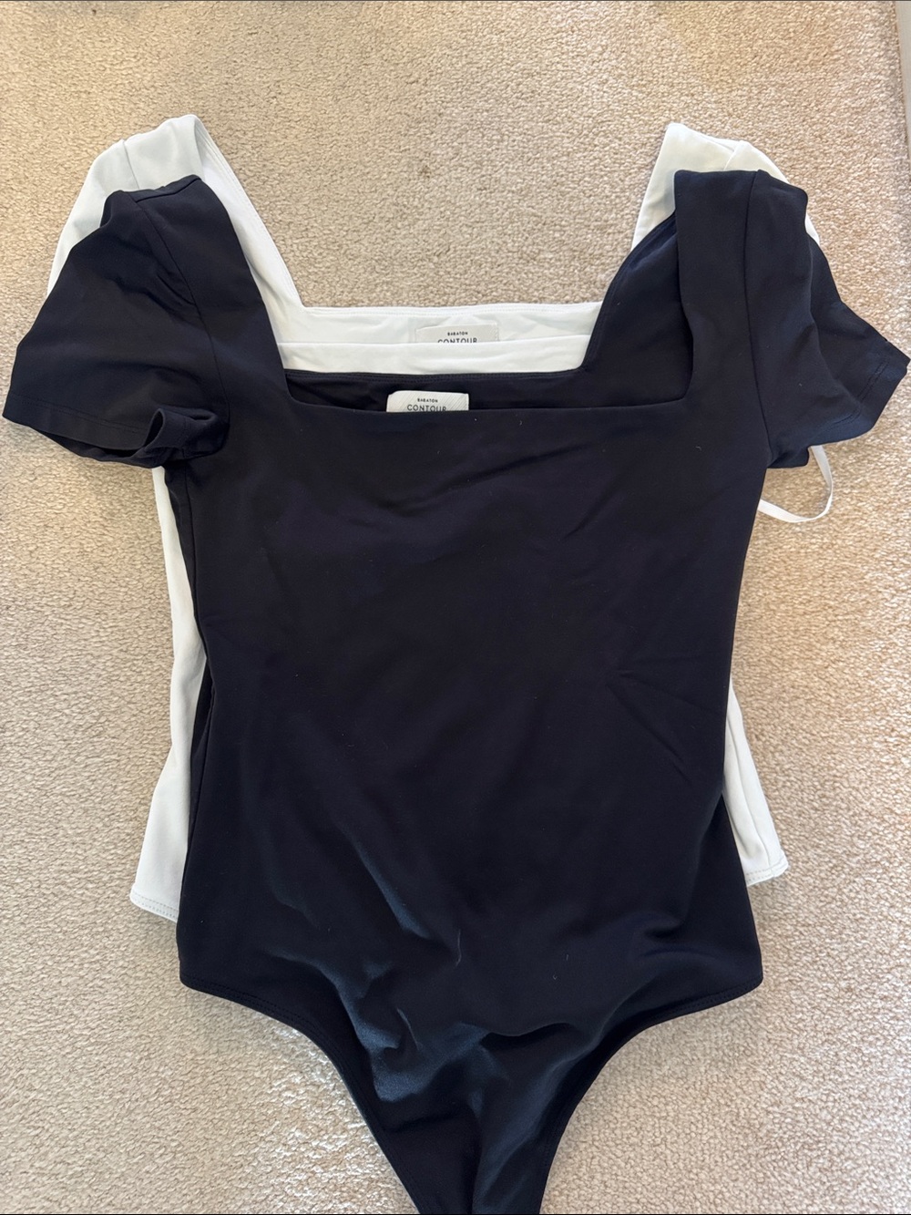 Babaton Square Neck Short Sleeve Bodysuits - Black and White